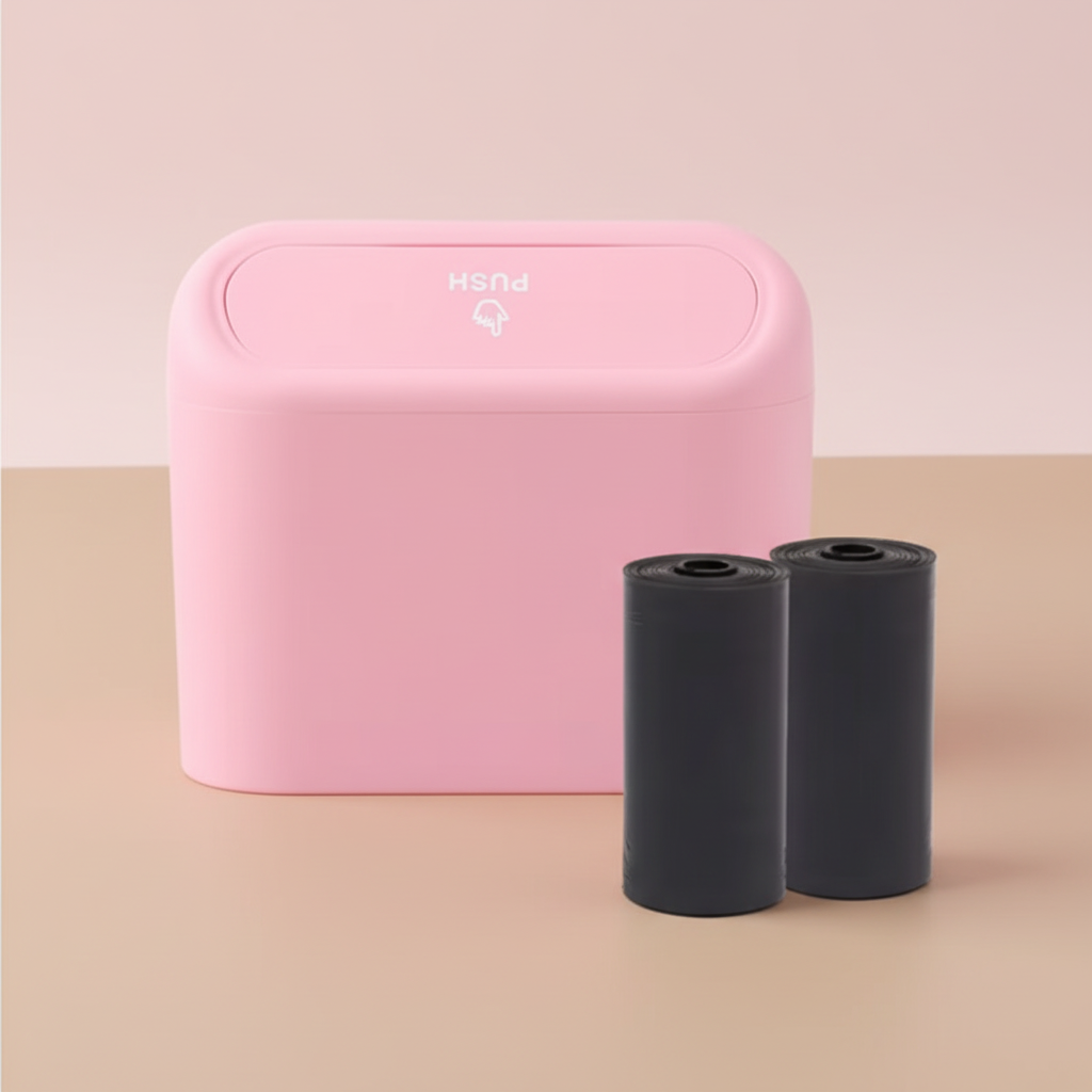 Pink mini car trash can with light pink and brown ombre background