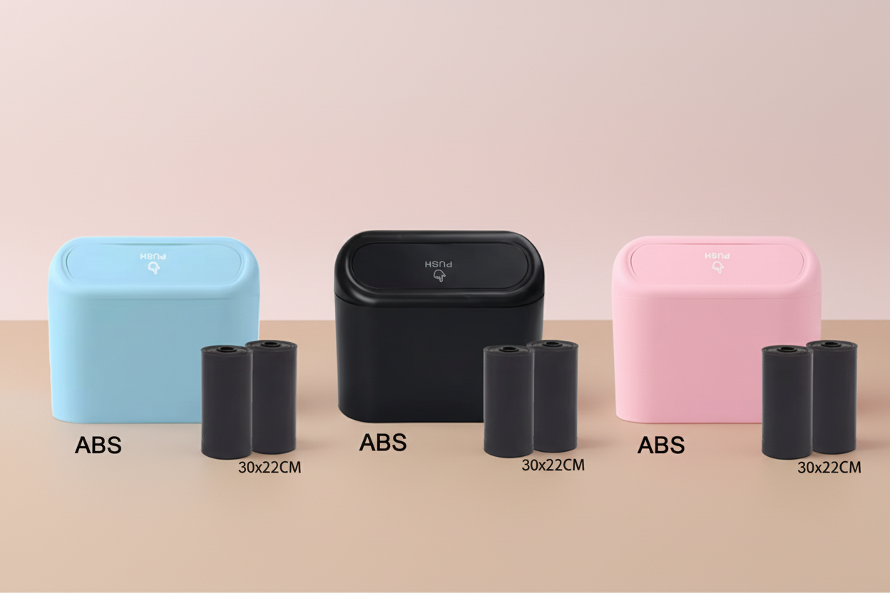 Three car trash cans side by side